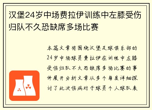 汉堡24岁中场费拉伊训练中左膝受伤归队不久恐缺席多场比赛
