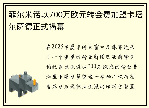 菲尔米诺以700万欧元转会费加盟卡塔尔萨德正式揭幕