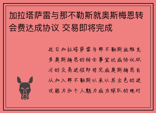 加拉塔萨雷与那不勒斯就奥斯梅恩转会费达成协议 交易即将完成
