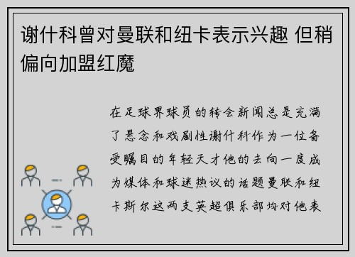 谢什科曾对曼联和纽卡表示兴趣 但稍偏向加盟红魔