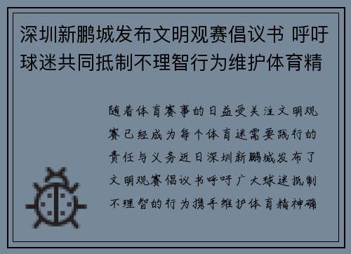深圳新鹏城发布文明观赛倡议书 呼吁球迷共同抵制不理智行为维护体育精神